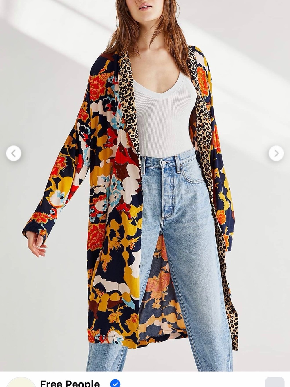 Free People Mixed Floral & Leopard Print Kimono - Navy, Mustard & Brown